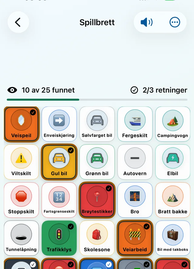 Road Spotter 5 by 5 game board